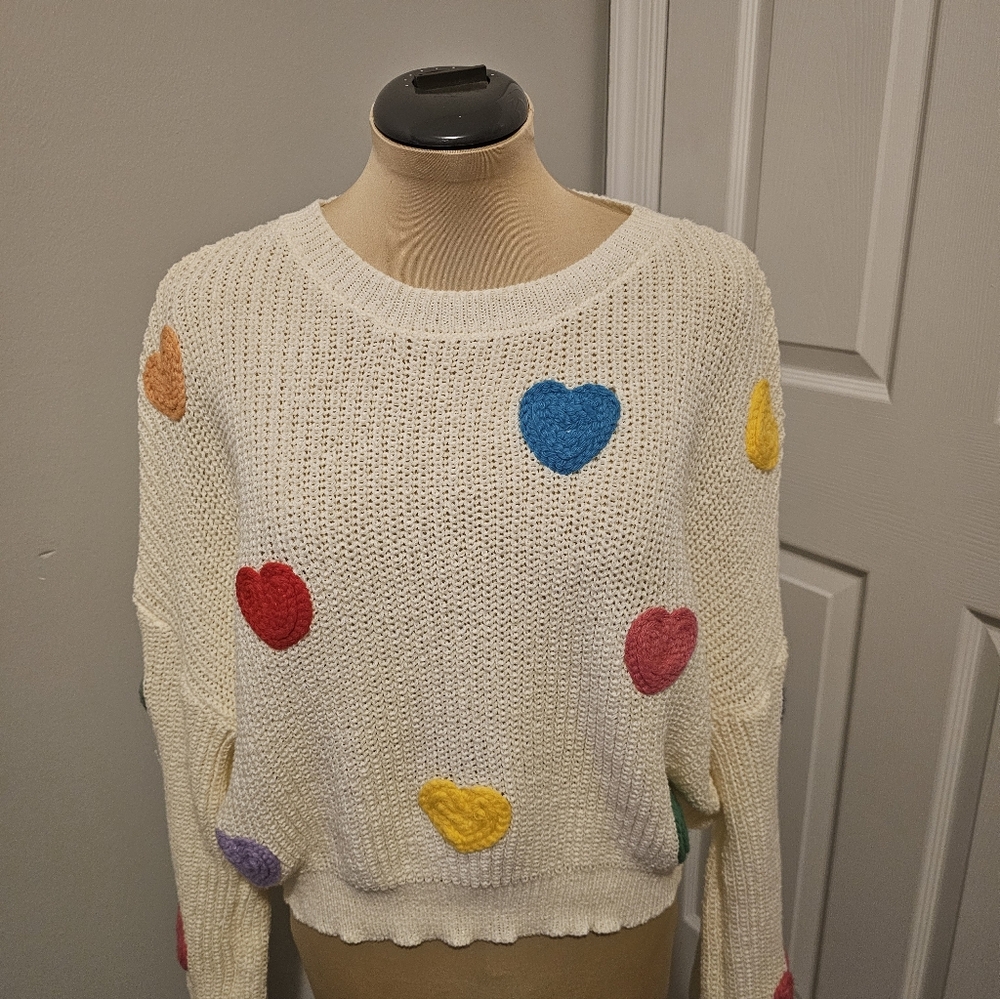 Luna Ivy Valentines 3D Colorful Heart Patterned Off White Women's  Sweater Sz M